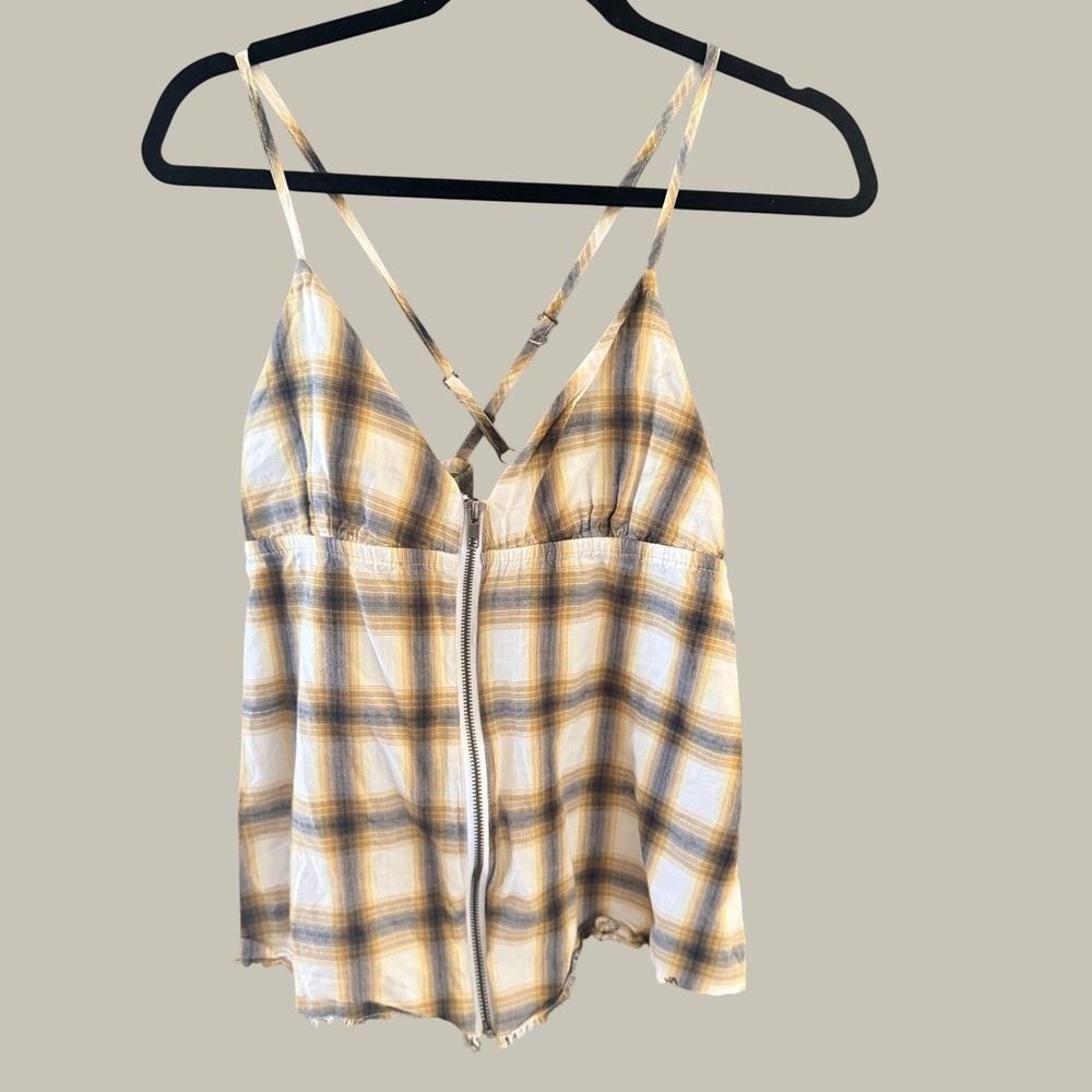 RVCA Womens Plaid Zip Front Camisole Top Yellow White Small‎ Cotton Frayed Hem